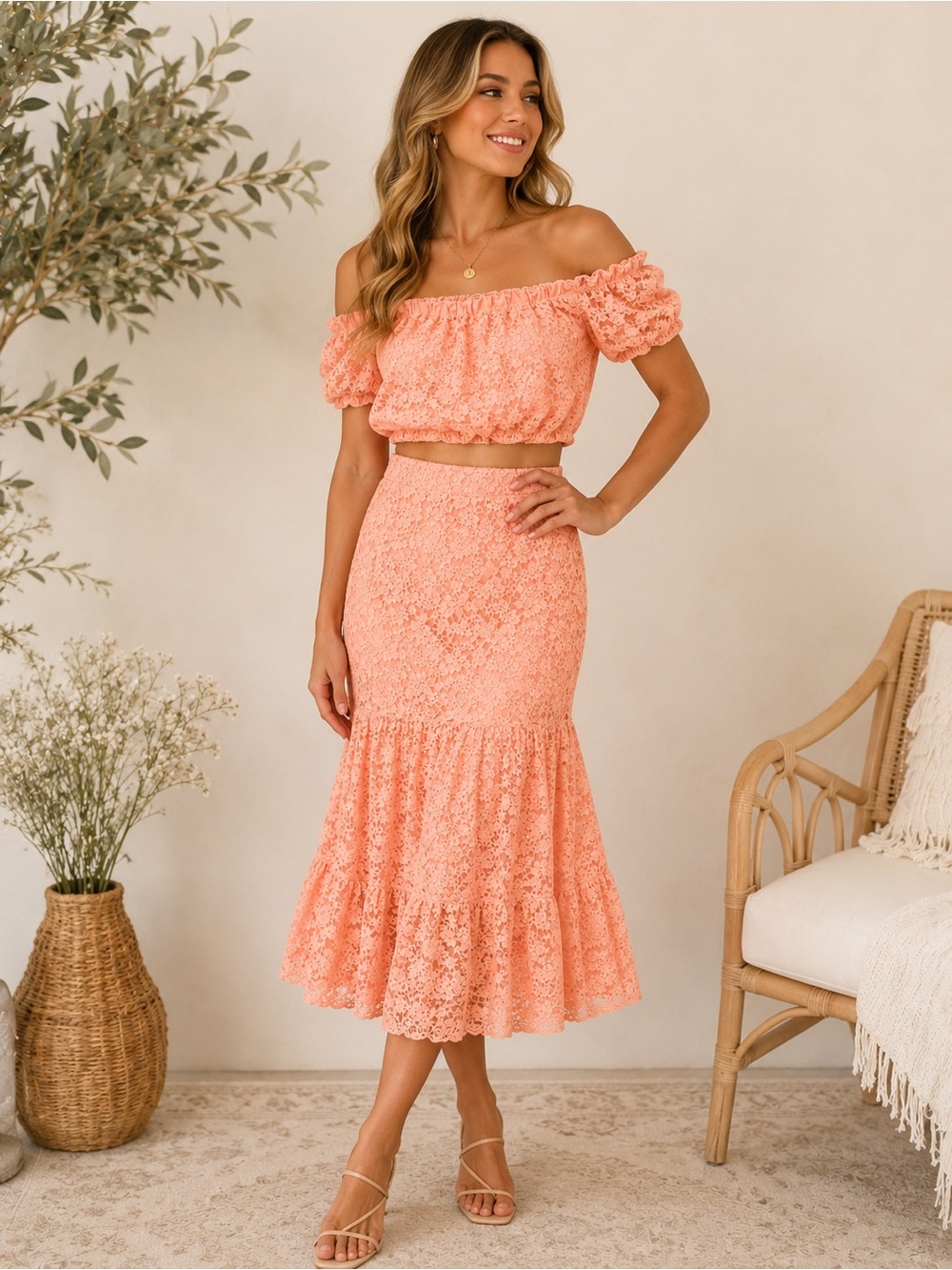 🌸 Peach Lace Cottagecore Two-Piece Set | Top M / Skirt L